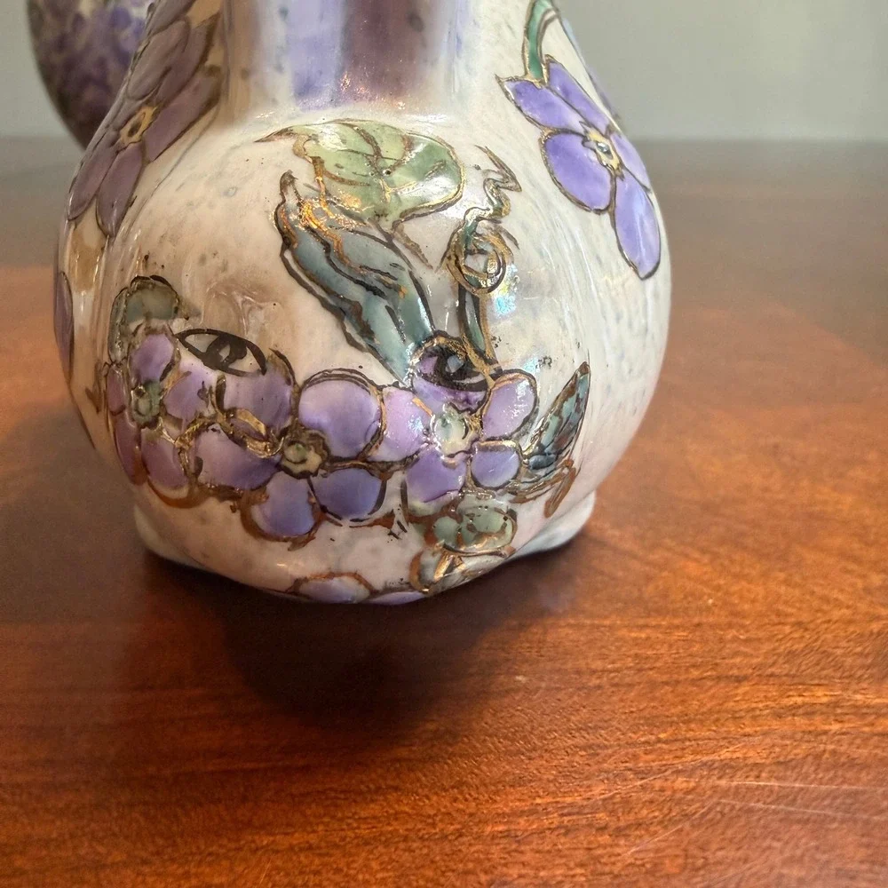 Purple‎ Floral Ceramic Decor Set  Vase Rabbit Egg Gold Trim Chinoiserie
